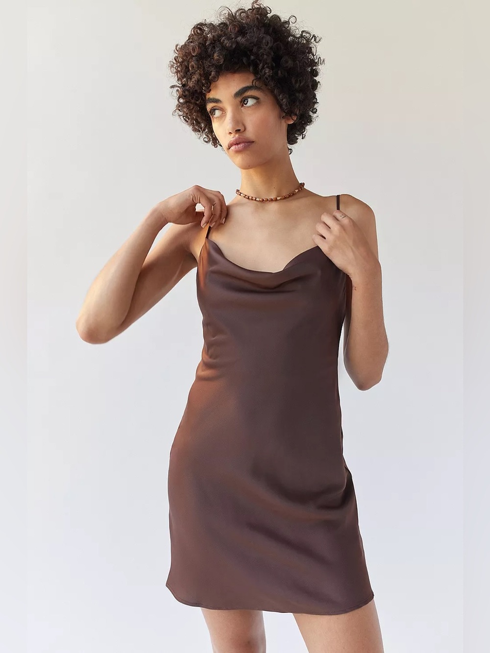 Urban Outfitters Mallory Cowl satin Slip Mini Dress in brown size large